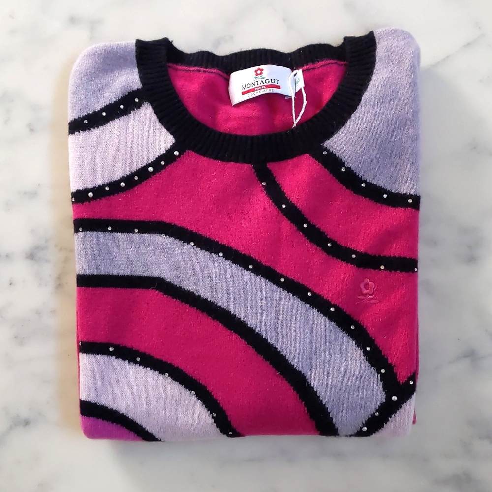 NWT. Woman's 100% Cashmere sweater w/crystal, multi color design and embroidery.